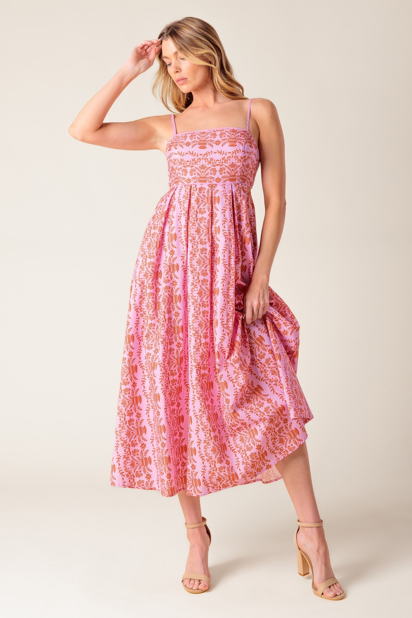 THE EVETTE PINK WOVEN MIDI DRESS Flying Tomato